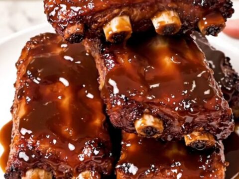 A rack of tender, glazed baby back ribs in a black slow cooker on a speckled countertop.