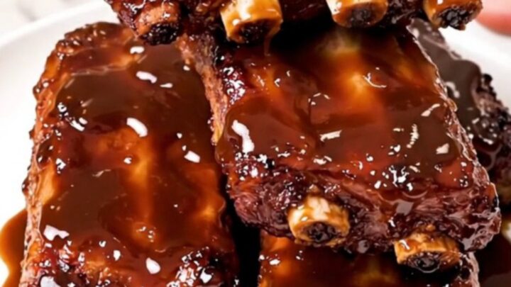 A rack of tender, glazed baby back ribs in a black slow cooker on a speckled countertop.