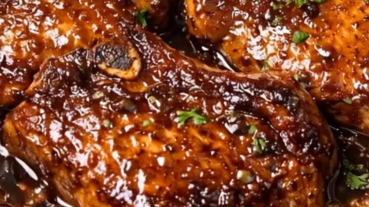 A close-up shot of a bone-in pork chop being basted with a thick, glossy dark garlic soy glaze.