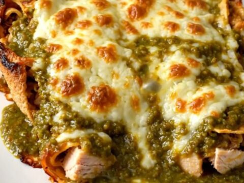 A close-up shot of a slow cooker filled with chicken and green enchilada sauce, topped with melted cheese.