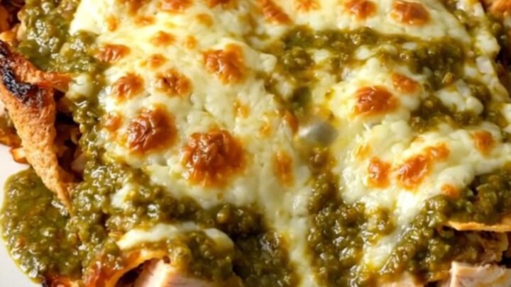 A close-up shot of a slow cooker filled with chicken and green enchilada sauce, topped with melted cheese.