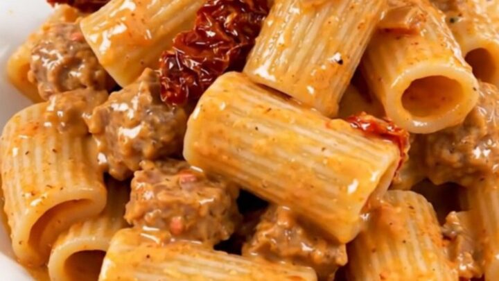 A close-up of creamy rigatoni with Italian sausage and sun-dried tomatoes on a white plate.