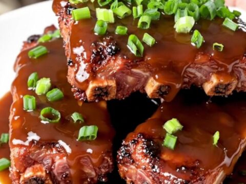 A close-up of glossy, tender baby back ribs glazed in honey barbecue sauce on a white plate.