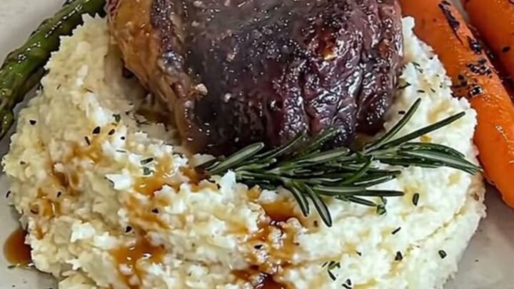 A perfectly glazed filet mignon resting on creamy mashed cauliflower with roasted carrots and asparagus