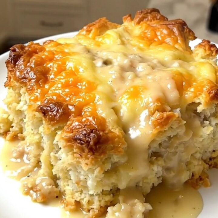A steaming, golden-brown breakfast casserole served in a slow cooker with visible layers of biscuits and sausage.