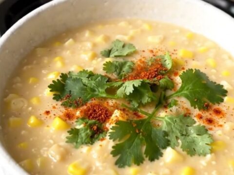 A top-down view of a black slow cooker filled with ingredients for Southwestern street corn chowder.