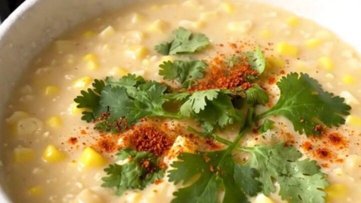 A top-down view of a black slow cooker filled with ingredients for Southwestern street corn chowder.