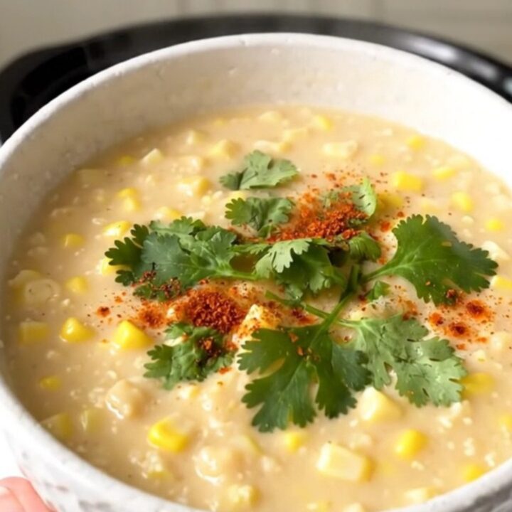 A top-down view of a black slow cooker filled with ingredients for Southwestern street corn chowder.