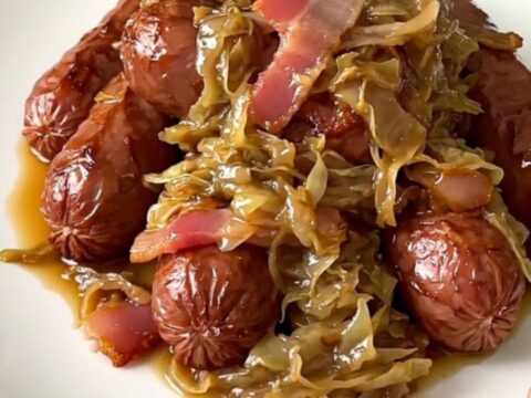 A close-up of a steaming, glossy dish of kielbasa and sauerkraut on a white plate.