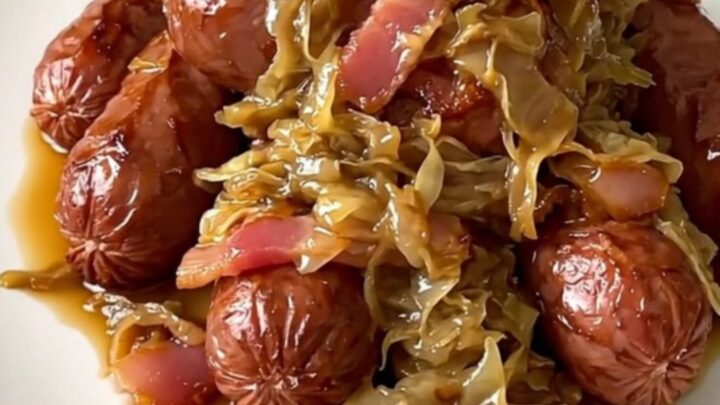 A close-up of a steaming, glossy dish of kielbasa and sauerkraut on a white plate.
