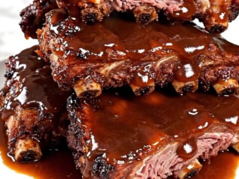 Close-up of glossy, slow-cooked baby back ribs glazed in apple butter sauce on a white plate.