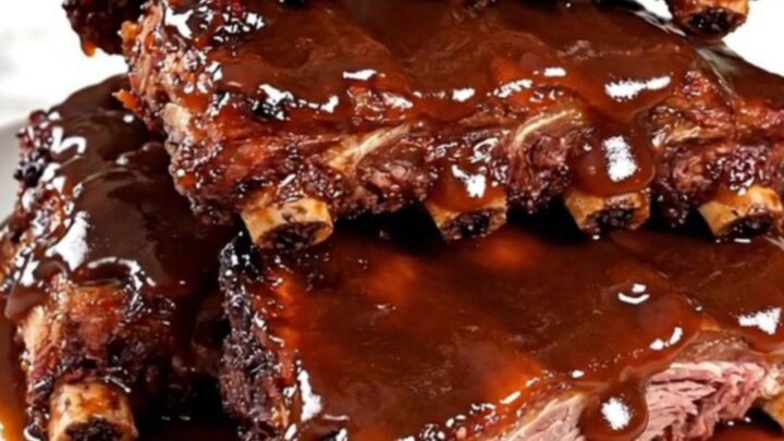 Close-up of glossy, slow-cooked baby back ribs glazed in apple butter sauce on a white plate.