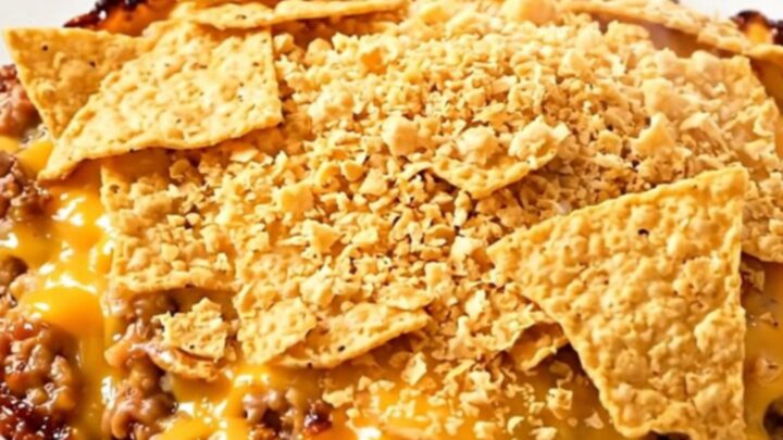 A steaming, hearty ground beef and bean casserole served in a slow cooker, topped with crushed tortilla chips.