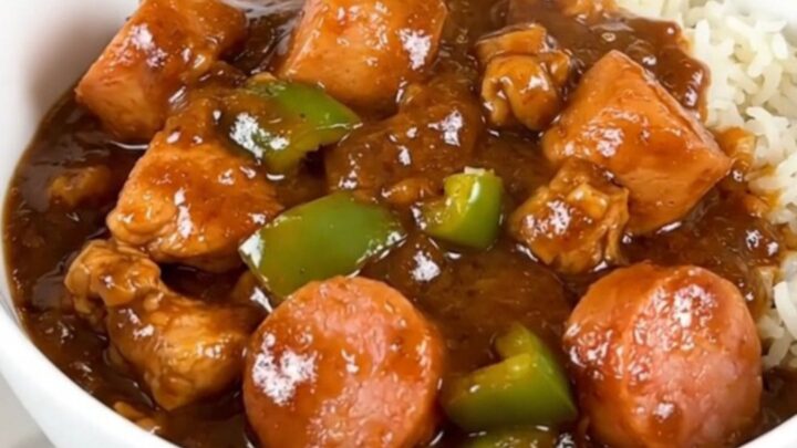 A steaming, glossy Cajun chicken and sausage stew served in a white bowl over white rice.