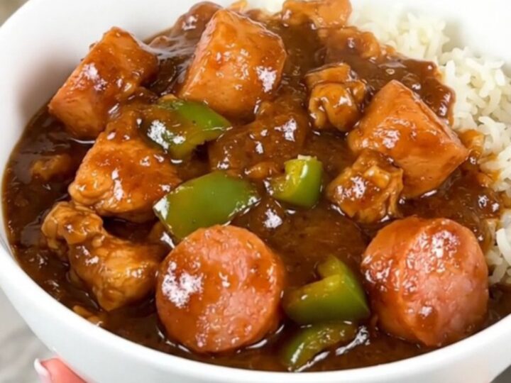 A steaming, glossy Cajun chicken and sausage stew served in a white bowl over white rice.