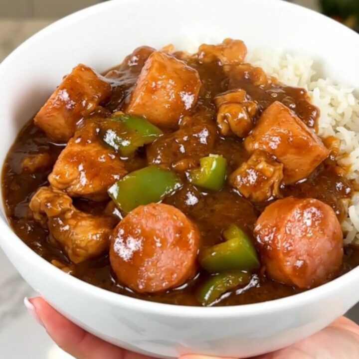 A steaming, glossy Cajun chicken and sausage stew served in a white bowl over white rice.