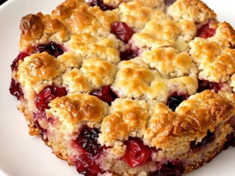 A warm, golden pear and cranberry crisp in a black slow cooker on a white countertop.