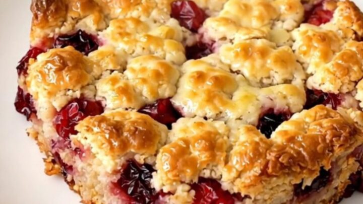 A warm, golden pear and cranberry crisp in a black slow cooker on a white countertop.