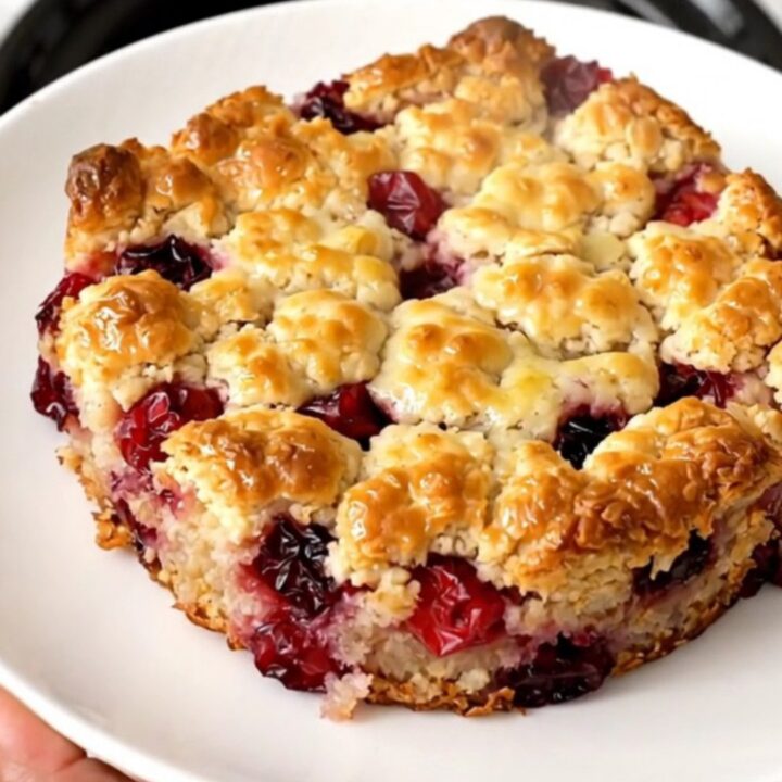 A warm, golden pear and cranberry crisp in a black slow cooker on a white countertop.