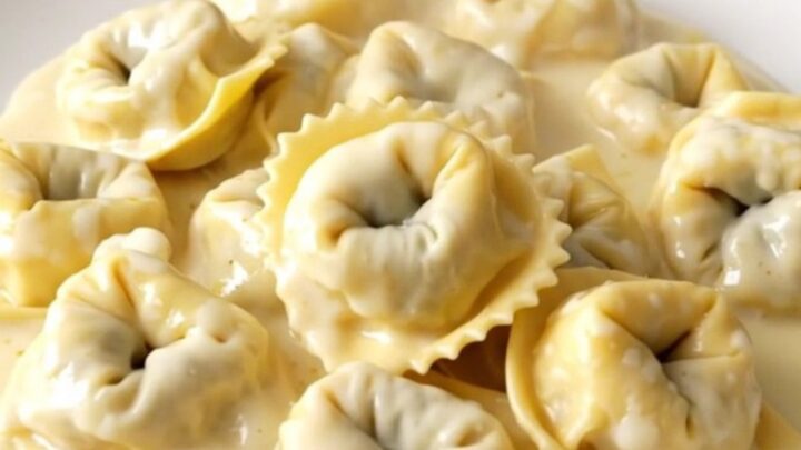 A top-down view of a black slow cooker filled with creamy alfredo tortellini, showing the rich sauce and tender pasta.
