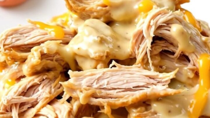 A slow cooker filled with creamy chicken and apple pieces, ready to be served.