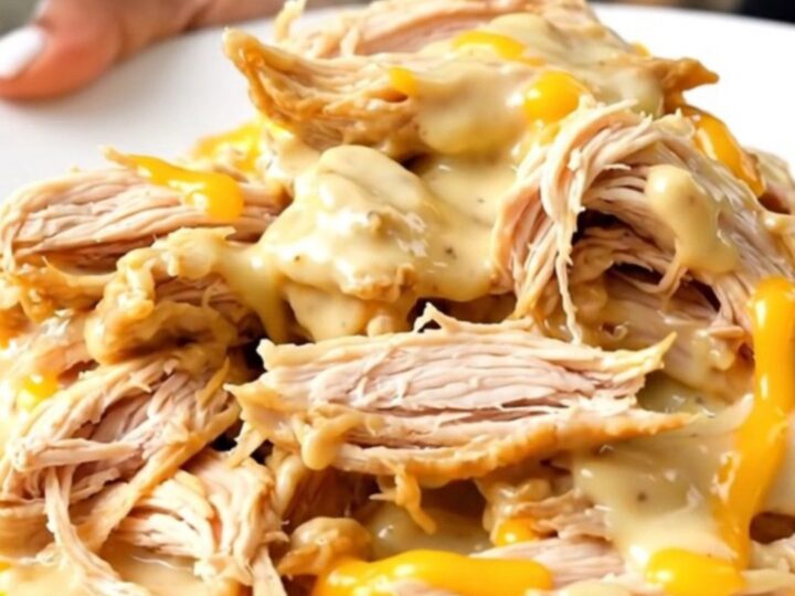 A slow cooker filled with creamy chicken and apple pieces, ready to be served.