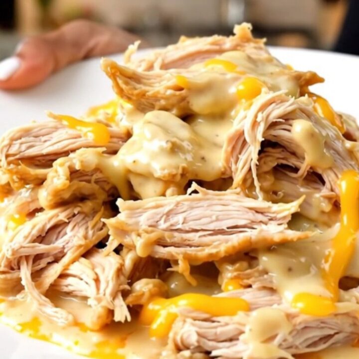 A slow cooker filled with creamy chicken and apple pieces, ready to be served.