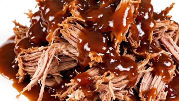 Tender pulled pork piled high on a white plate, showing a rich cranberry barbecue glaze.