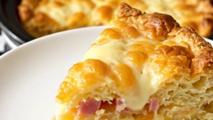 A steaming slice of ham and Swiss breakfast casserole on a white plate.
