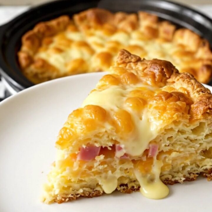 A steaming slice of ham and Swiss breakfast casserole on a white plate.