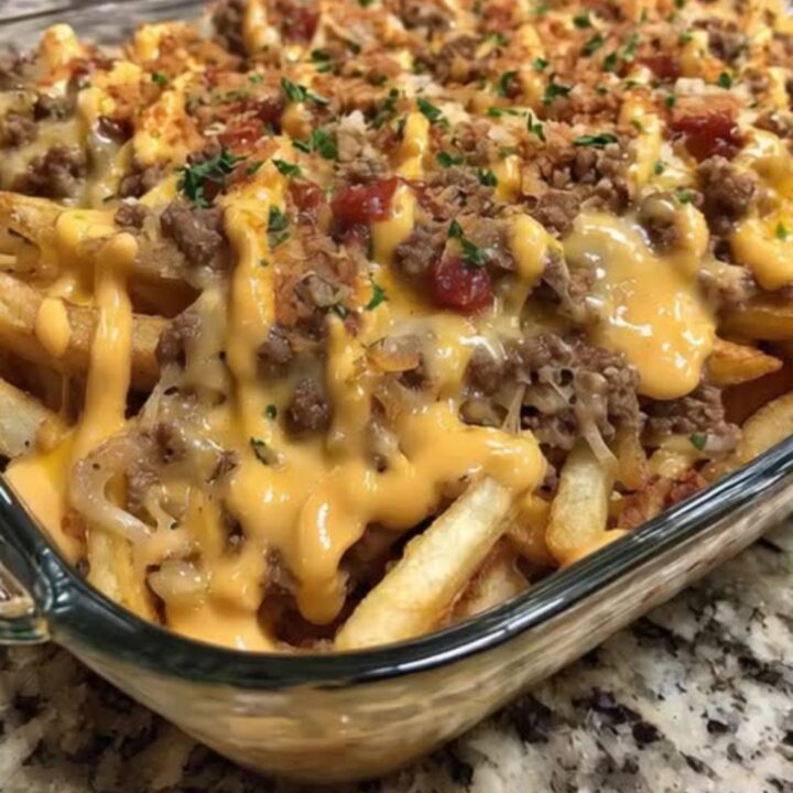 A spatula scooping into a golden cheeseburger french fry casserole, lifting melted cheddar and crispy fries.