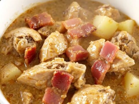 A steaming bowl of creamy ranch chicken stew with potatoes in a white bowl.