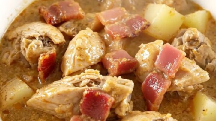 A steaming bowl of creamy ranch chicken stew with potatoes in a white bowl.