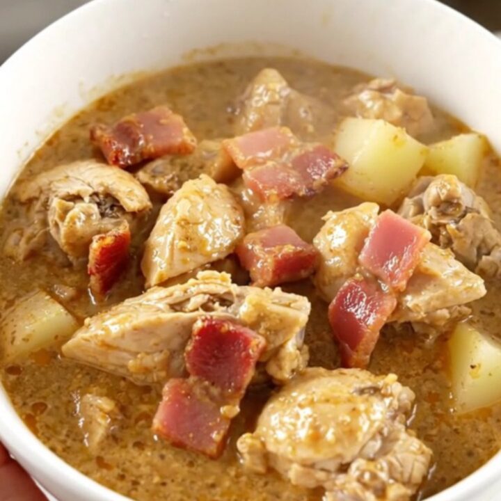A steaming bowl of creamy ranch chicken stew with potatoes in a white bowl.