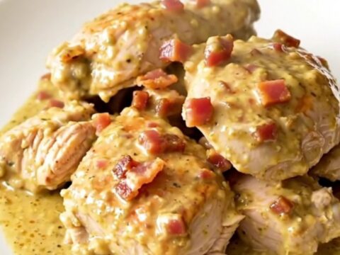 Creamy Dijon bacon chicken thighs served on a white plate with a glossy sauce.
