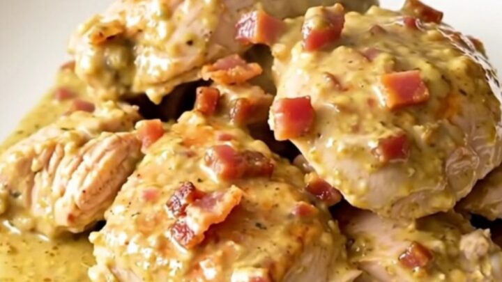 Creamy Dijon bacon chicken thighs served on a white plate with a glossy sauce.