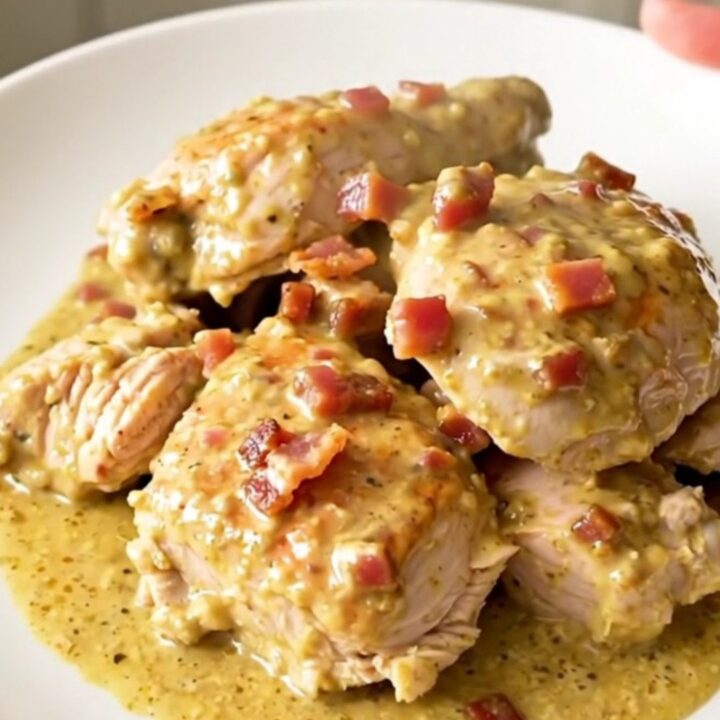 Creamy Dijon bacon chicken thighs served on a white plate with a glossy sauce.