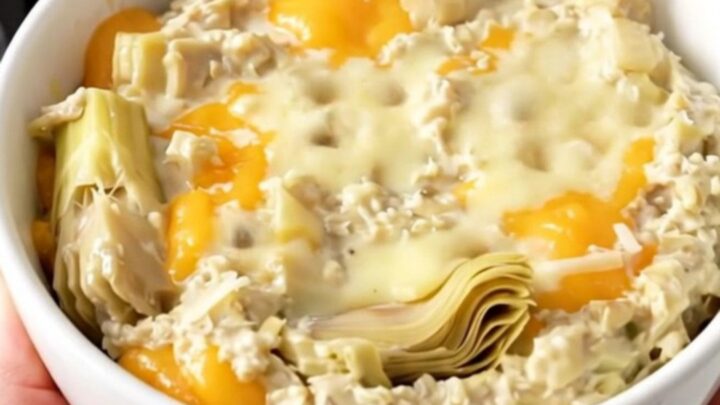 A top-down view of a black slow cooker filled with a creamy artichoke dip on a speckled countertop.