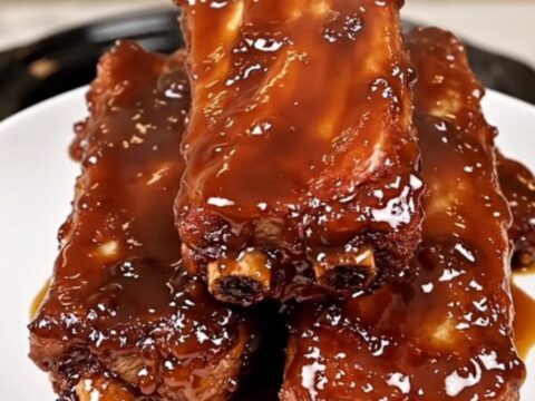 A top-down view of raw baby back ribs being seasoned in a black slow cooker on a white quartz countertop.