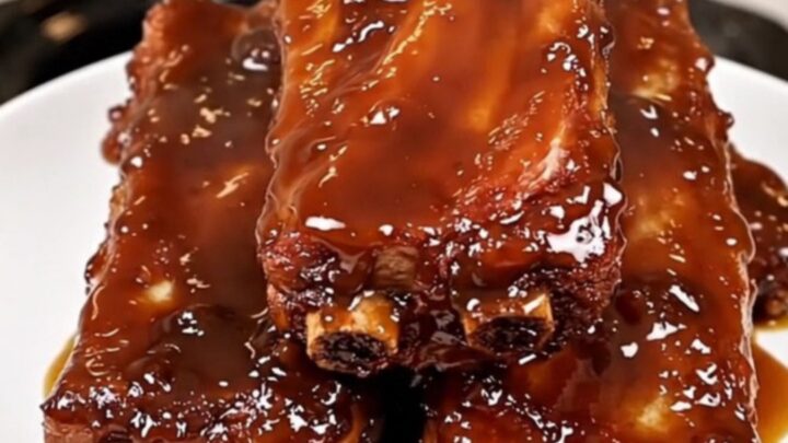 A top-down view of raw baby back ribs being seasoned in a black slow cooker on a white quartz countertop.
