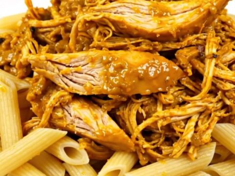 Creamy pumpkin parmesan chicken served over penne in a white bowl.