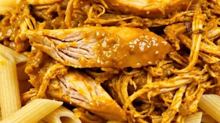 Creamy pumpkin parmesan chicken served over penne in a white bowl.