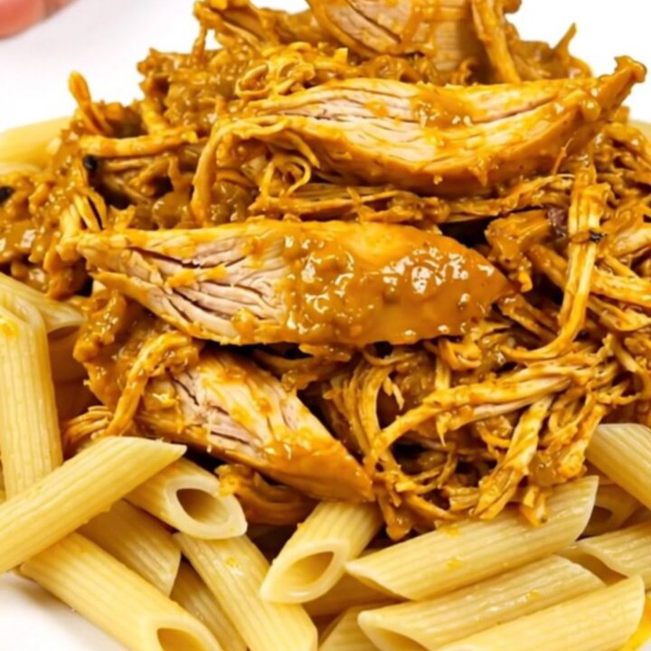 Creamy pumpkin parmesan chicken served over penne in a white bowl.