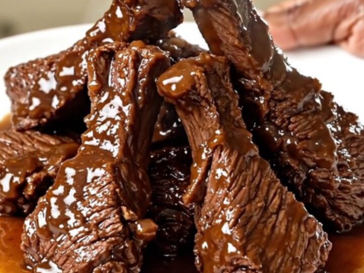 A close-up of tender, glossy chipotle beef tips served on a white plate with bell peppers.