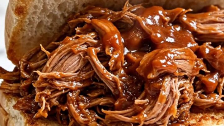 A close-up view of succulent, shredded pulled pork piled high on a toasted roll, showing a glossy barbecue sauce finish.