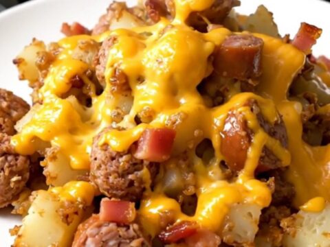 A close-up of a serving of cheesy smoked sausage and potatoes on a white plate.