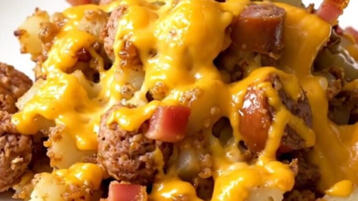A close-up of a serving of cheesy smoked sausage and potatoes on a white plate.