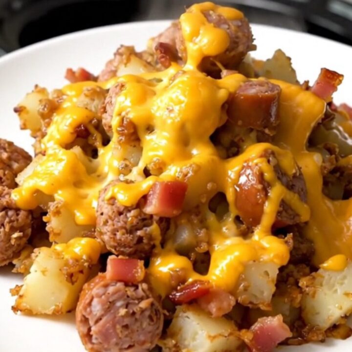 A close-up of a serving of cheesy smoked sausage and potatoes on a white plate.