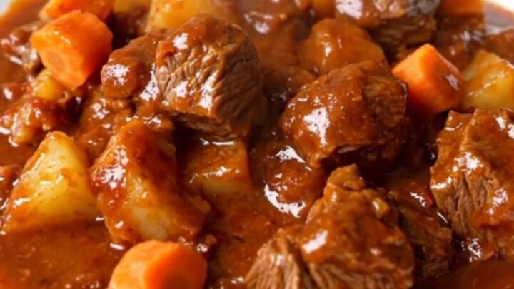 A steaming, glossy portion of slow cooker beef campfire casserole served on a white plate.