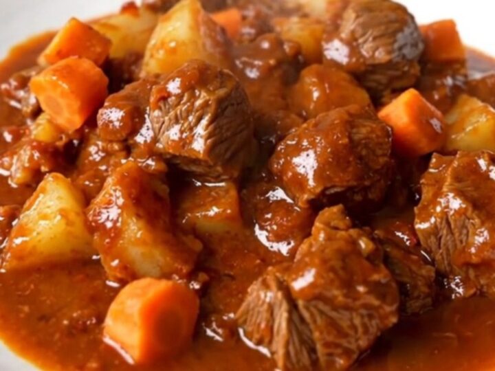 A steaming, glossy portion of slow cooker beef campfire casserole served on a white plate.